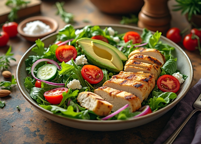 1_Grilled chicken salad on greens with avocado, cherry tomatoes, feta.