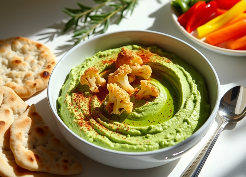 1_Bowl of green hummus topped with harissa cauliflower, paprika, and rosemary.