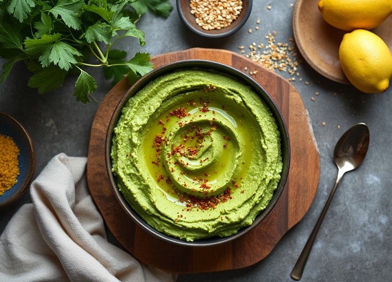 2_Bowl of green hummus with olive oil spiral and red Harissa in black bowl with fresh ingredients.