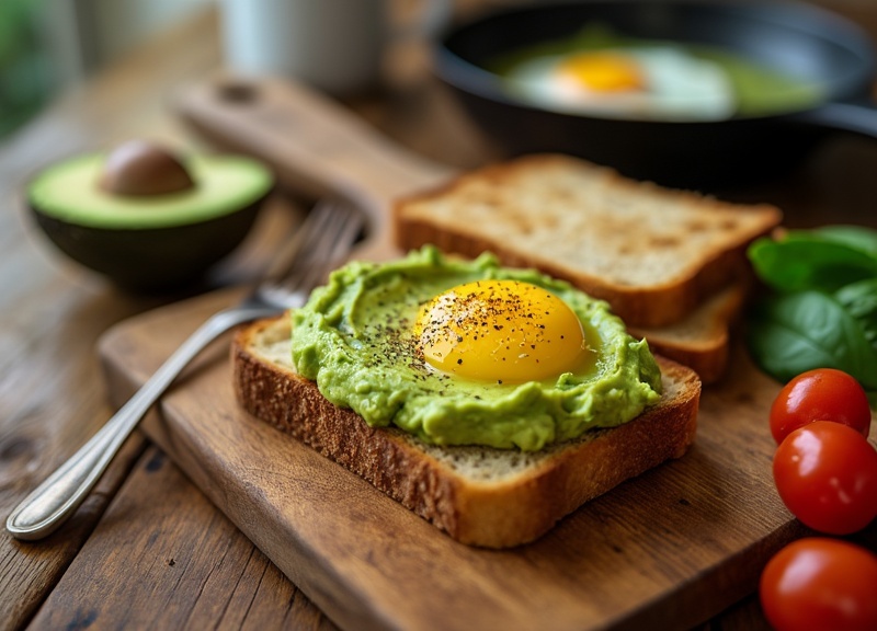 2_Healthy avocado egg sandwich on toasted bread with a sunny-side-up egg, cherry tomatoes, and basil leaves.