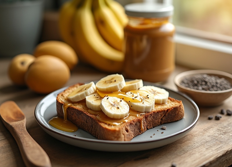 2_Peanut butter banana toast with honey and chia seeds on a plate.