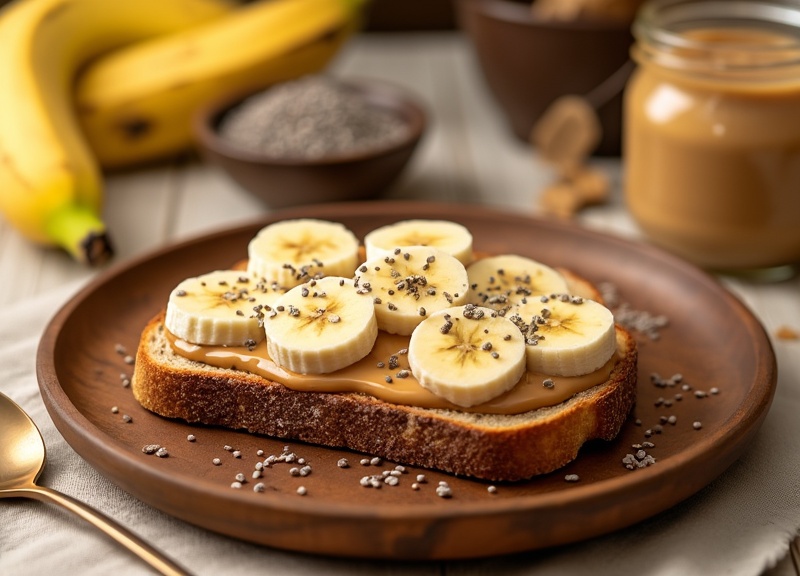 1_Healthy peanut butter banana toast with chia seeds on a wooden plate.