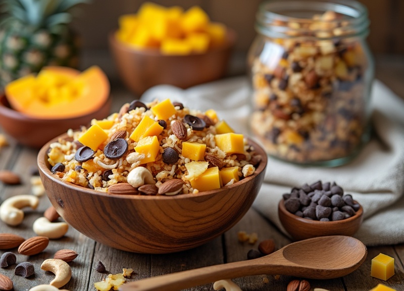 2_Wooden bowl of Healthy Tropical Trail Mix with nuts and fruit.