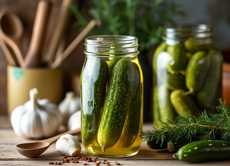 2_Homemade garlic dill pickles in jars on a wooden counter with garlic and dill.