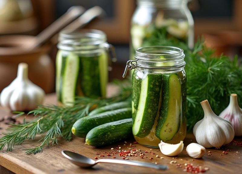 1_Glass jar of homemade garlic dill pickles amidst rustic kitchen.