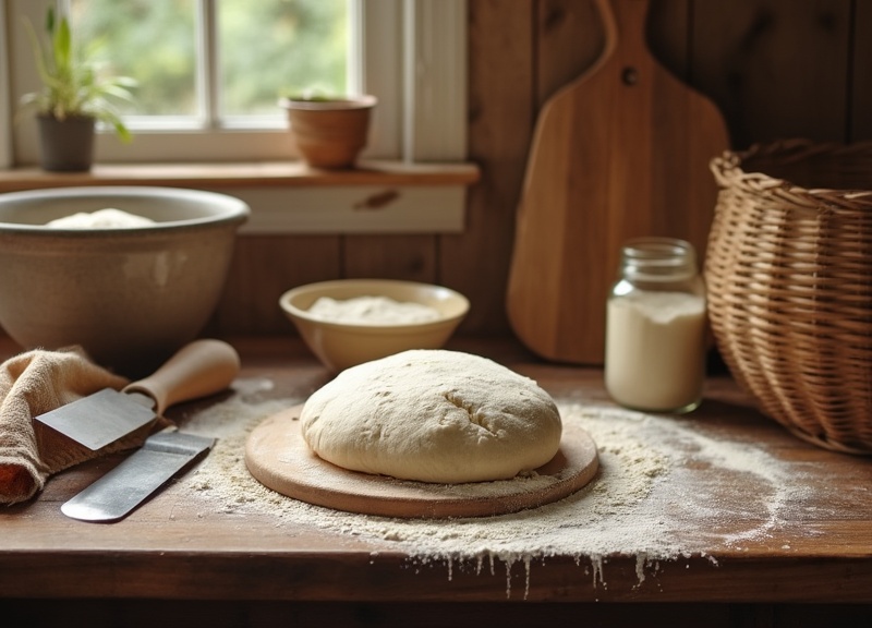 1_Cozy kitchen with a plump loaf of homemade peasant bread on a wooden board.