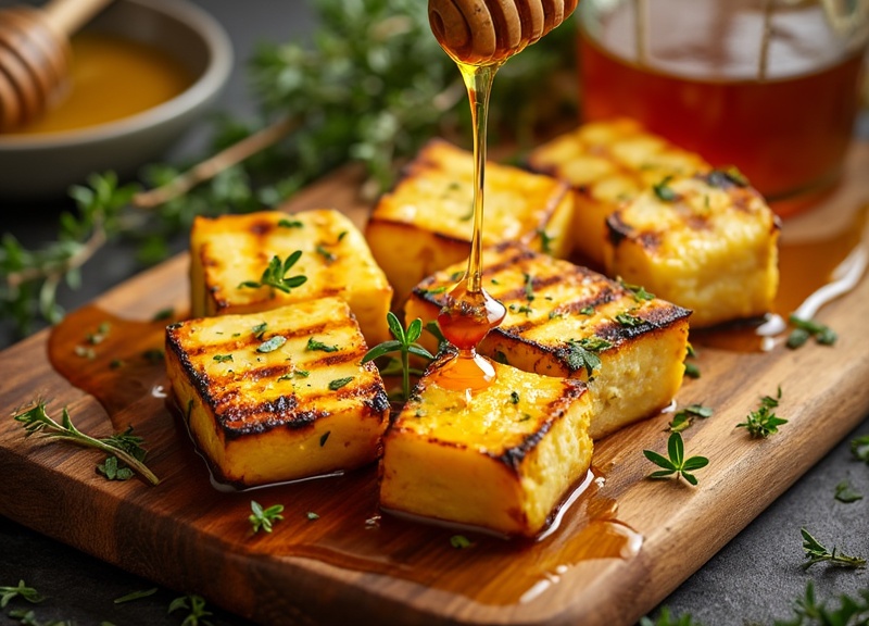 1_Golden grilled halloumi with thyme and honey on a rustic board.