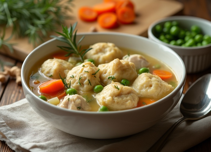 1_Bowl of creamy chicken dumplings with peas and carrots, perfect for Instant Pot Chicken Dumplings Recipe.