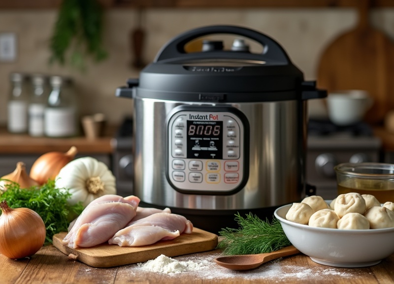 2_Essential ingredients for Instant Pot Chicken Dumplings with stainless steel Instant Pot.