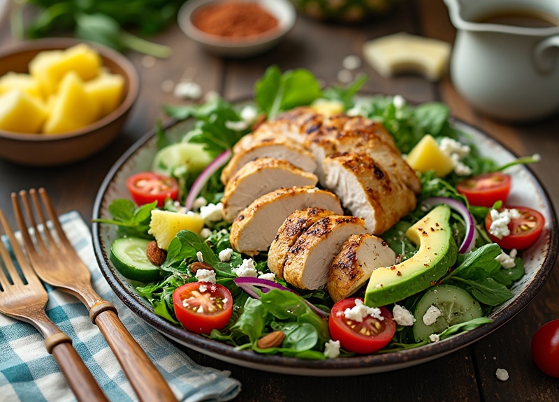 2_Grilled chicken salad with smoky chicken, greens, and tomatoes.