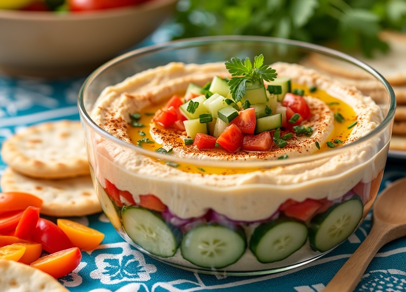 1_Layered hummus dip in glass bowl with crackers and veggies.