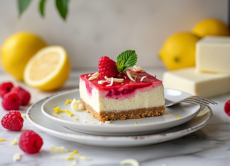 1_Lemon Raspberry Cheesecake Square, topped with raspberries, almonds, and mint on a white plate.