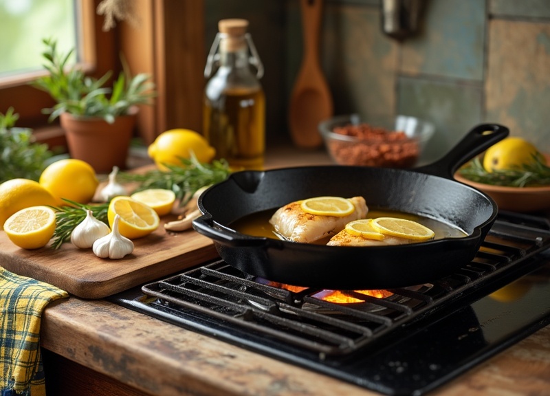 1_One Pan Lemon Garlic Chicken cooking with lemon, garlic, rosemary in a skillet.