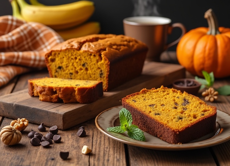 1_Freshly baked pumpkin banana bread with chocolate chips sliced on a wooden board.