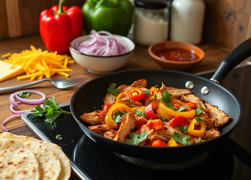 2_Quick BBQ Chicken Quesadillas Recipe in black skillet with peppers and cilantro