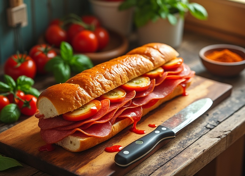 1_Quick Spicy Italian Sub with Salamito on baguette, surrounded by tomatoes and basil.