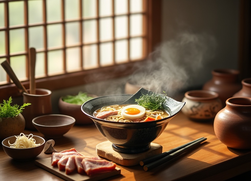 1_Traditional Japanese kitchen with ramen bowl of broth, noodles, egg, seaweed, and pork.