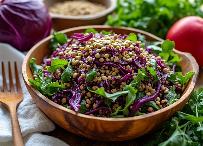 1_Vibrant red cabbage lentil salad in a wooden bowl with pine nuts.