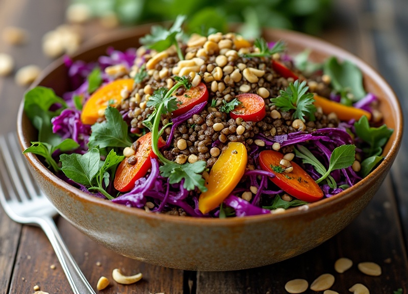 2_Delicious red cabbage lentil salad in a rustic bowl with tomatoes and herbs.