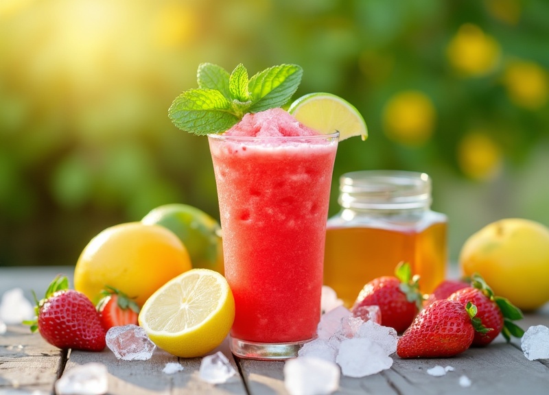 1_Refreshing strawberry lemonade slush garnished with mint and lime in a tall glass.