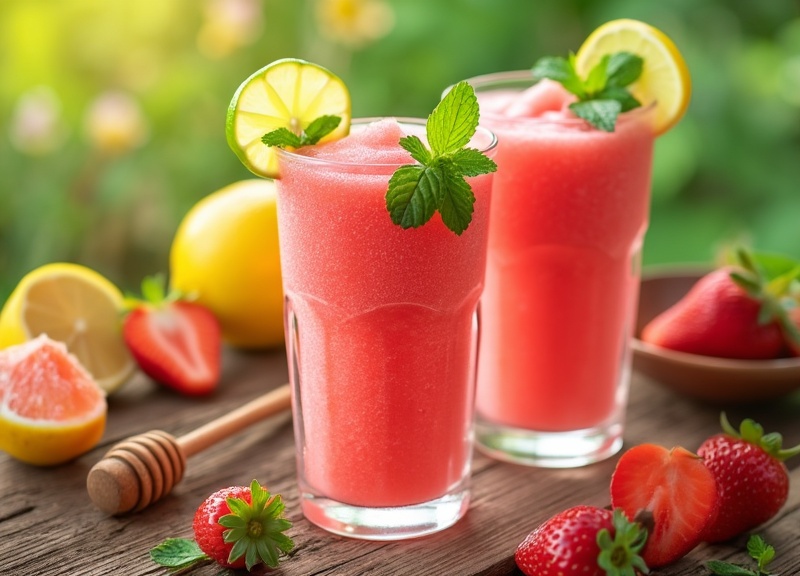 2_Two glasses of refreshing strawberry lemonade slush with mint and lemon.