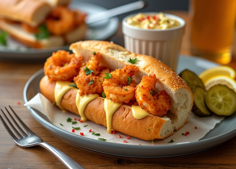 1_A Spicy Shrimp Po' Boy sandwich with crispy shrimp, mayo, and parsley.