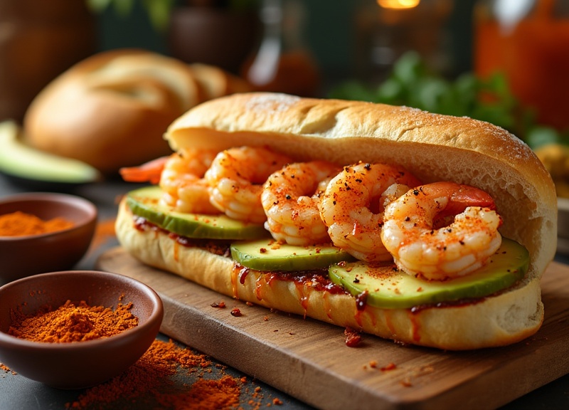 2_Spicy shrimp po' boy sandwich with avocado and sauce.