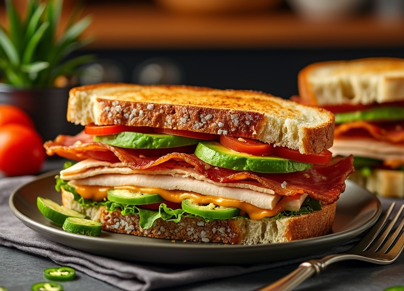 2_Spicy Turkey Club Sandwich with turkey, bacon, lettuce, tomato, and avocado.