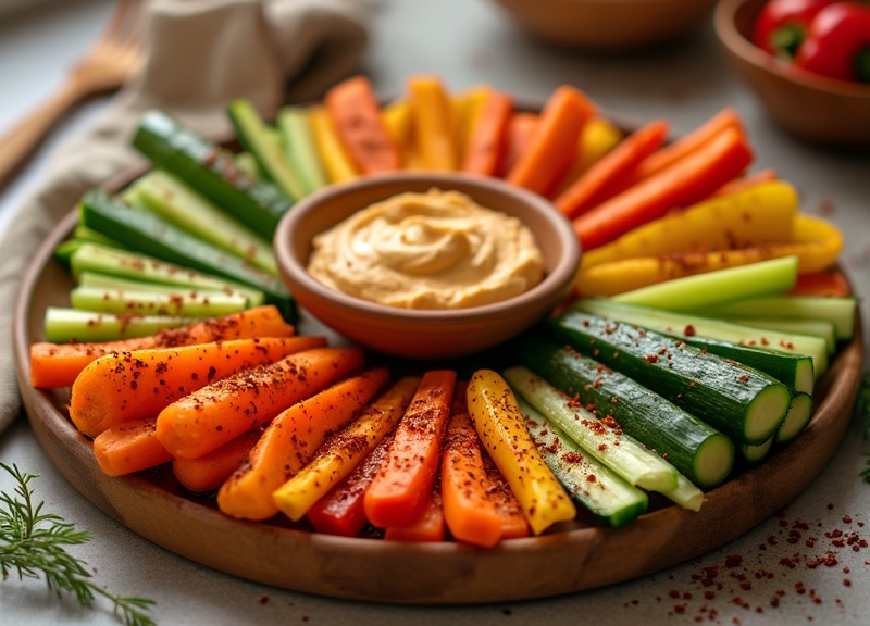 1_Colorful spicy veggie sticks with hummus, a healthy snack.