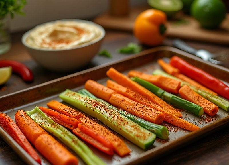 2_Fresh veggie sticks with spicy seasoning and hummus dip.