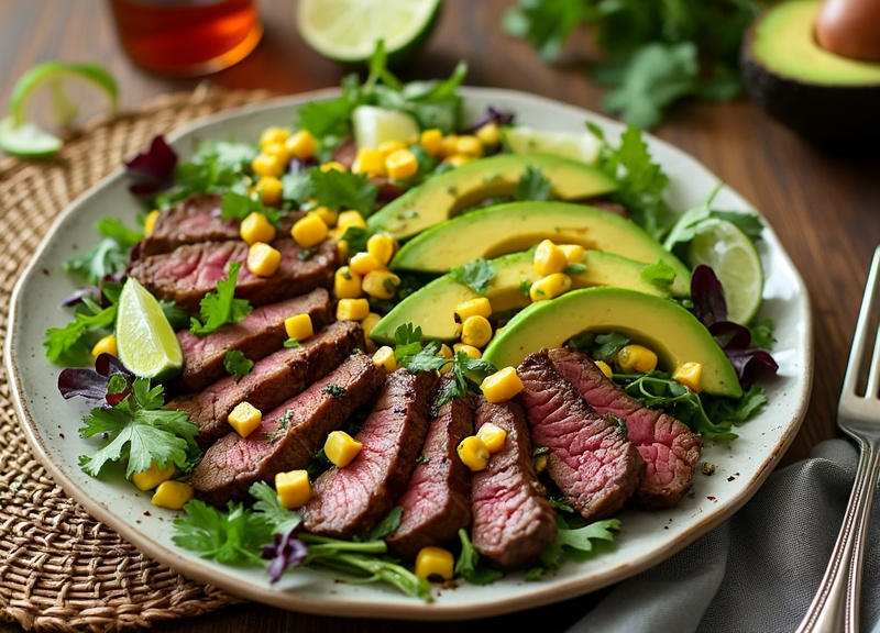 1_A vibrant steak and avocado salad with medium-rare steak and creamy avocado slices.