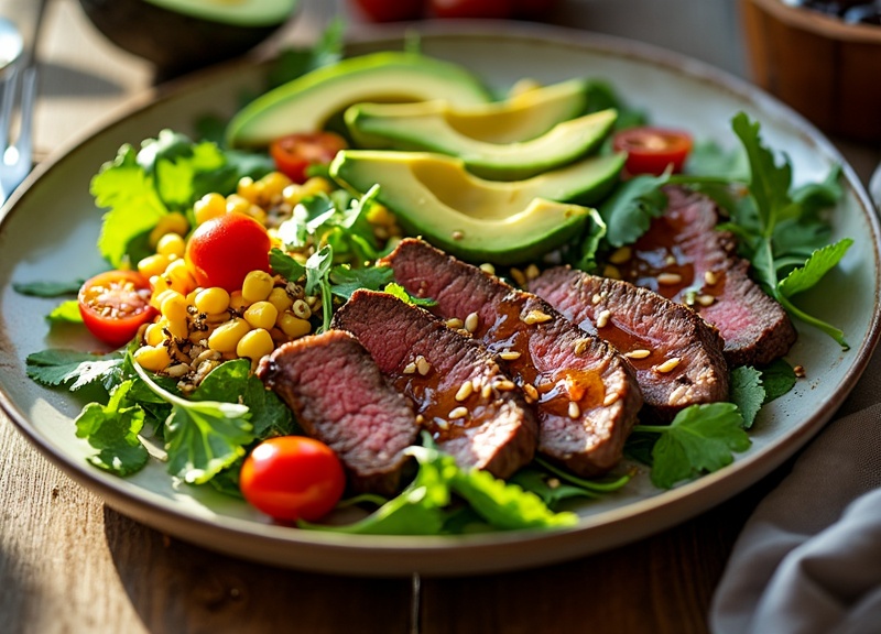 2_Freshly prepared steak and avocado salad with cherry tomatoes and corn.