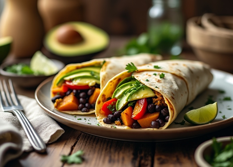 2_Sweet Potato Bean Wrap with roasted sweet potato, black beans, avocado, and cilantro.