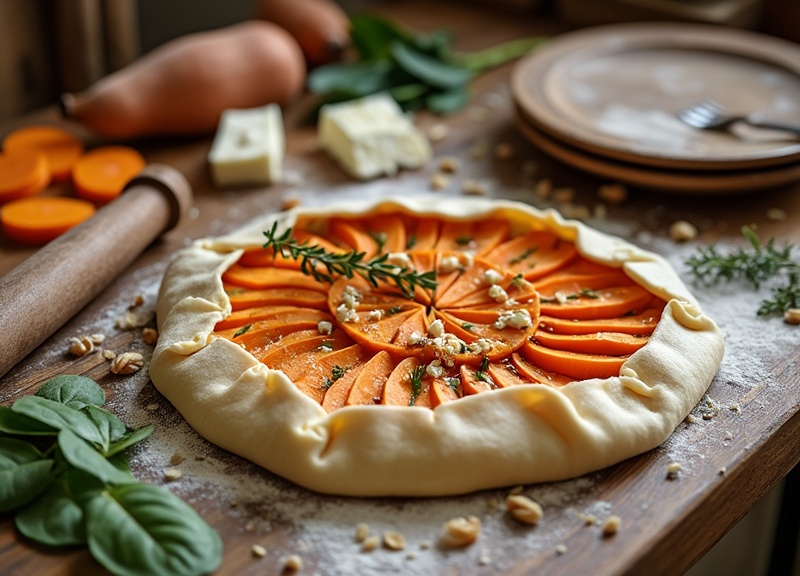 1_Sweet potato galette on wooden surface with rosemary and pine nuts.