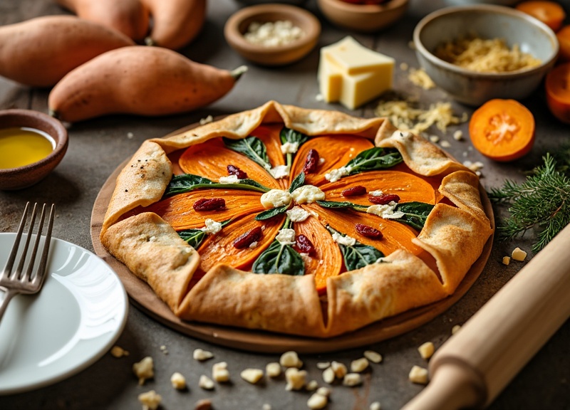 2_Vibrant sweet potato galette with spinach and cranberries on a flaky crust.