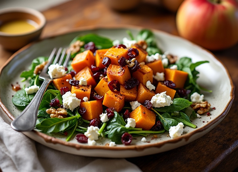 2_Vibrant Sweet Potato Goat Cheese Salad with roasted sweet potatoes on spinach.