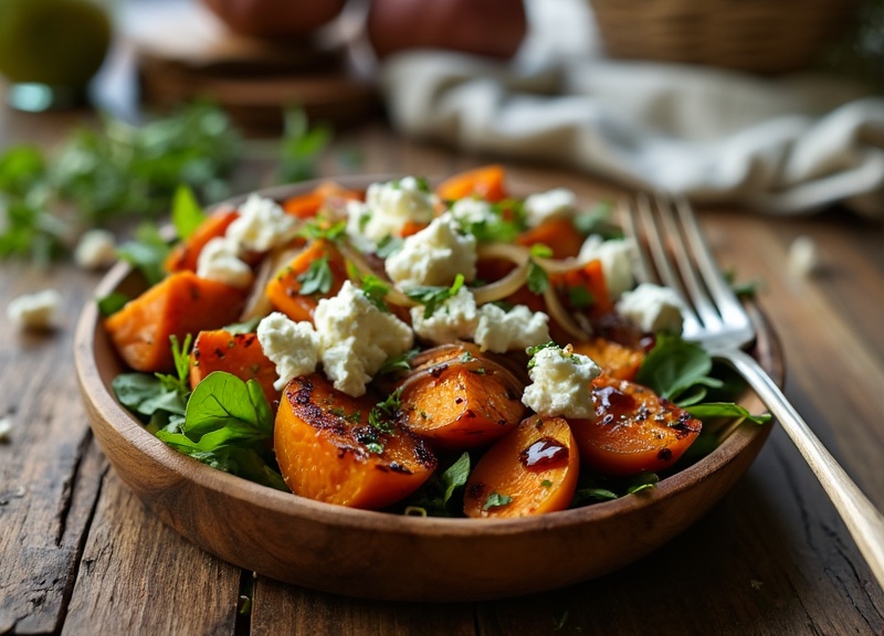 1_Sweet potato goat cheese salad with caramelized sweet potatoes in a wooden bowl.