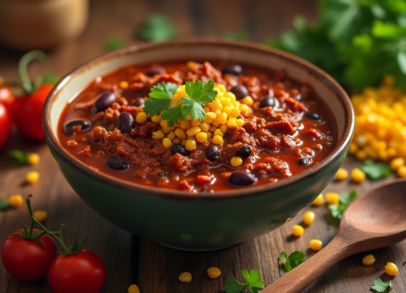 1_Trader Joe's vegan chili in a green bowl with cilantro and corn garnish.