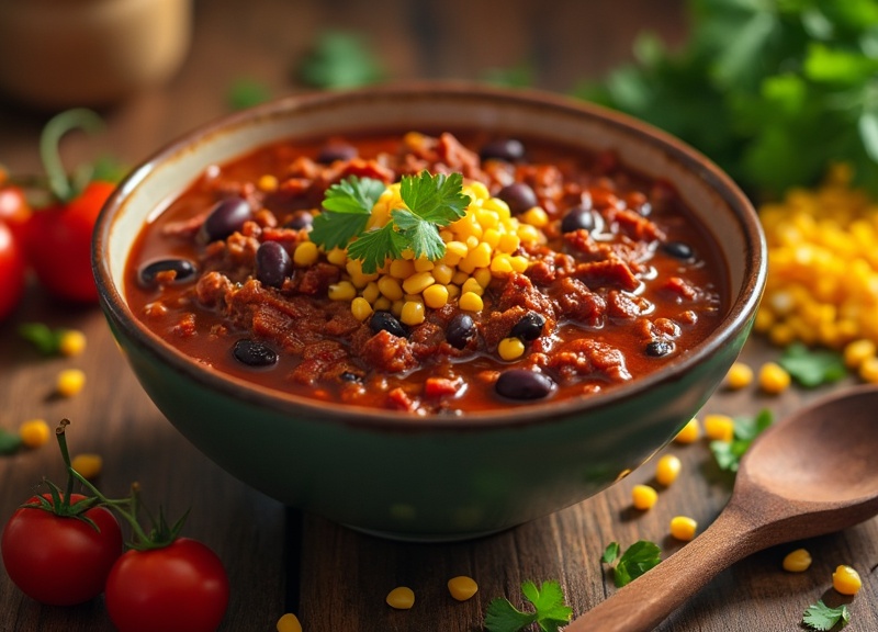 1_Trader Joe's vegan chili in a green bowl with cilantro and corn garnish.