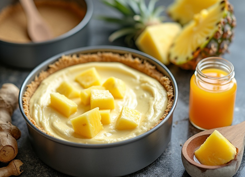 2_Tropical pineapple cheesecake with pineapple chunks and key ingredients in view.