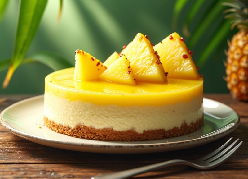 1_Tropical pineapple cheesecake with creamy texture, pineapple glaze, and red specks.