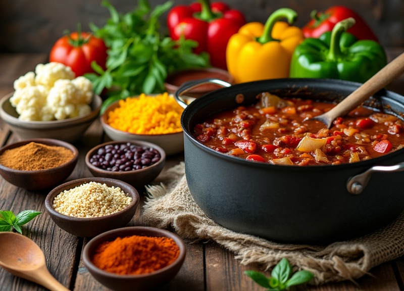 2_Bowl of vegan chili with beans, peppers, and spices.