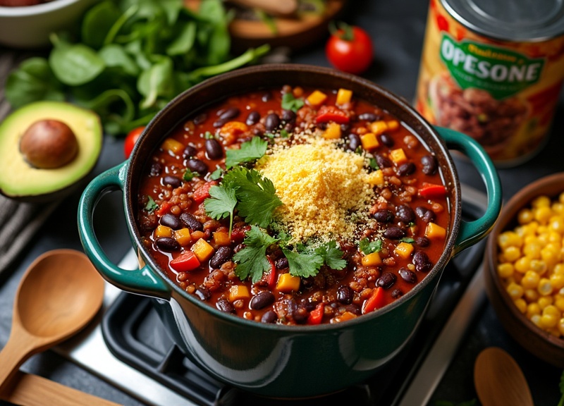 2_Bowl of vegan chili with plant-based meat, black beans, and bell peppers.