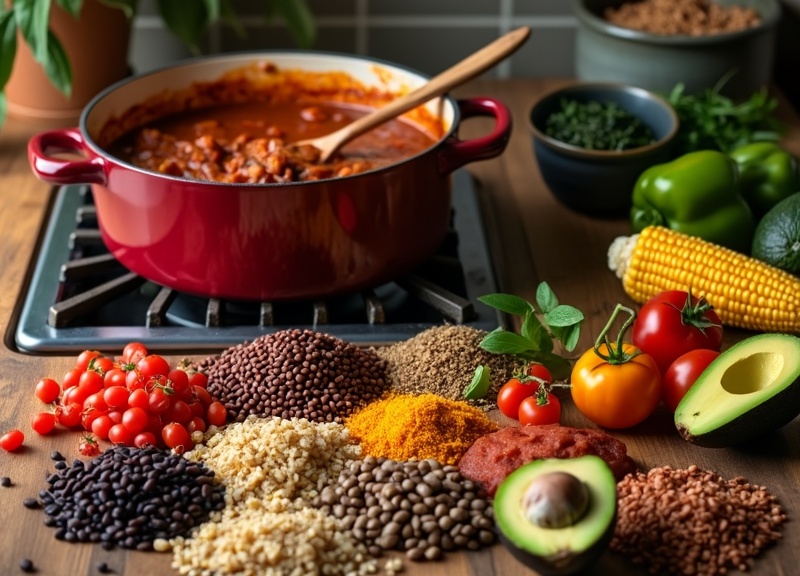 1_Large pot of vegan chili with fresh ingredients like beans and spices.