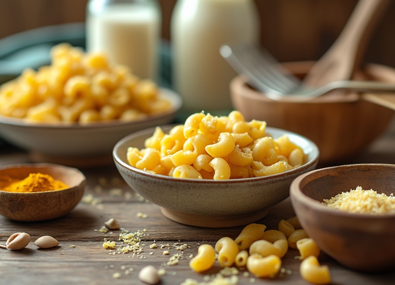 1_Bowl of vegan mac and cheese with turmeric and cheese bowls on wooden table.