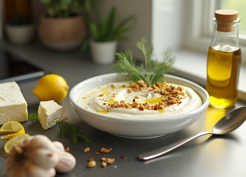 2_Bowl of whipped feta dip with spicy honey, nuts, lemon, feta, garlic, dill.