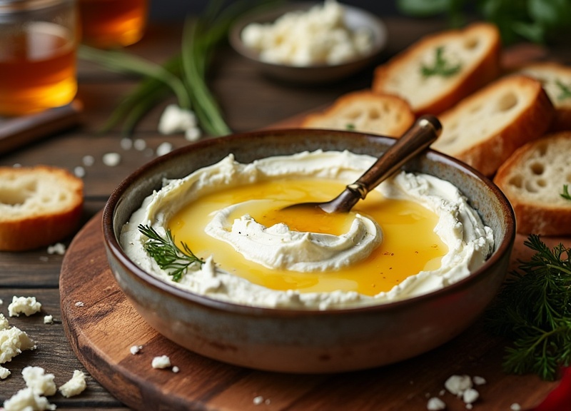 1_Bowl of whipped feta dip with spicy honey drizzle, baguette slices, and dill.