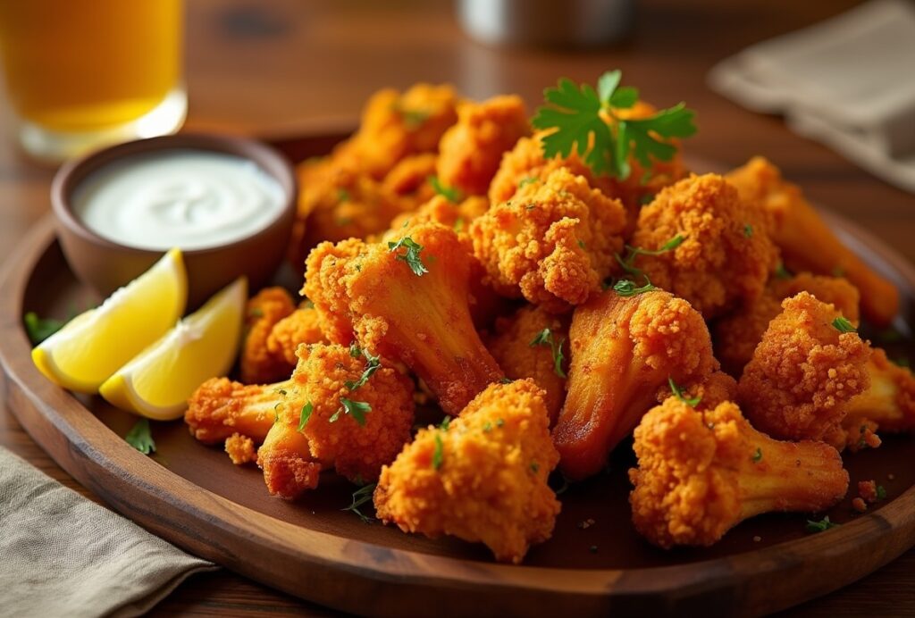 Crispy Buffalo Wild Wings Cauliflower on wooden plate.