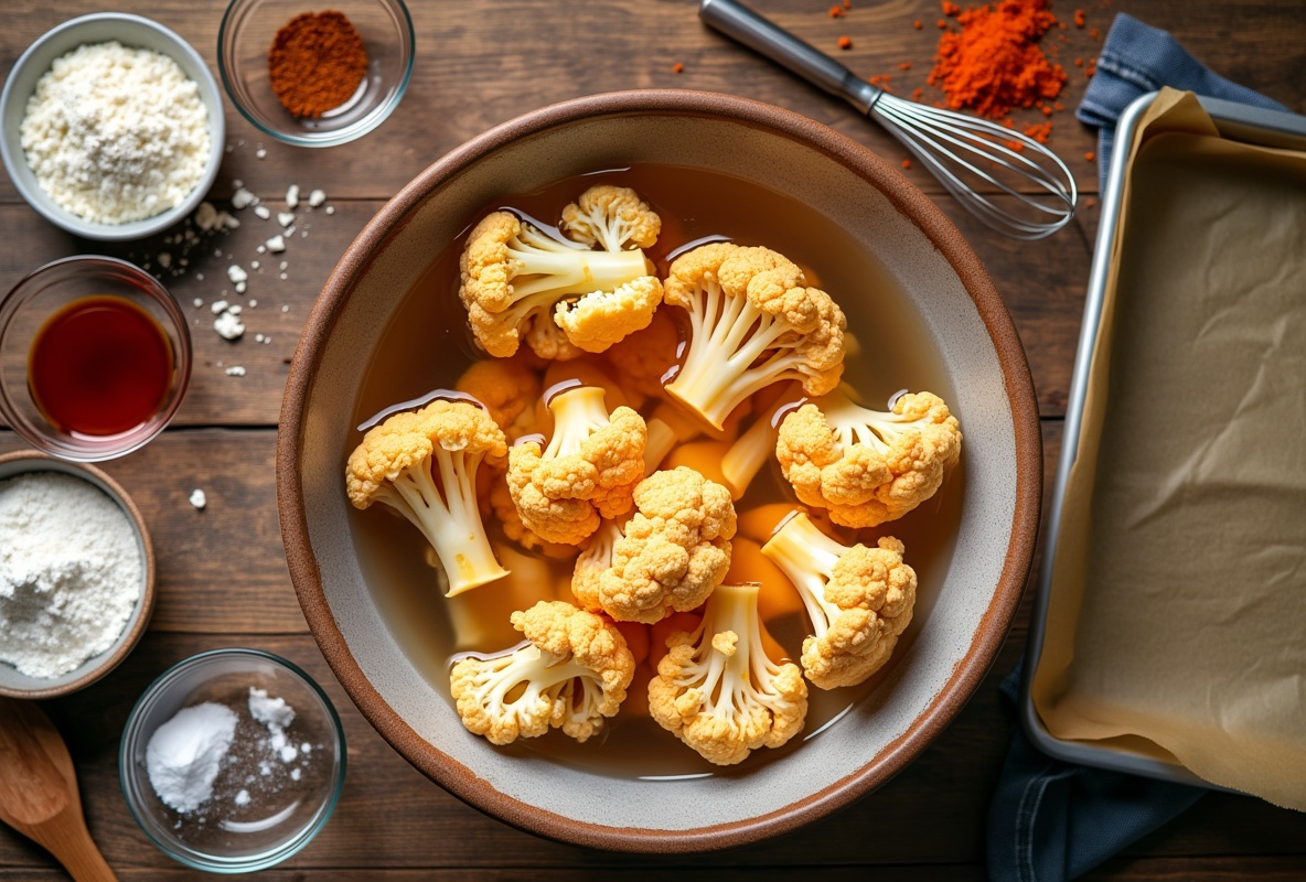 Orange cauliflower florets soaking with spices, ready for buffalo wings.