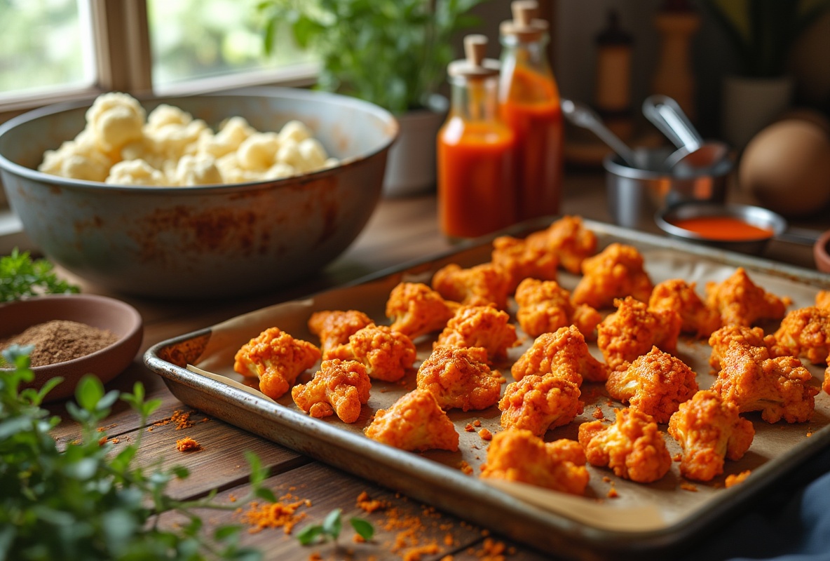 Tray of spiced cauliflower wings ready for baking.